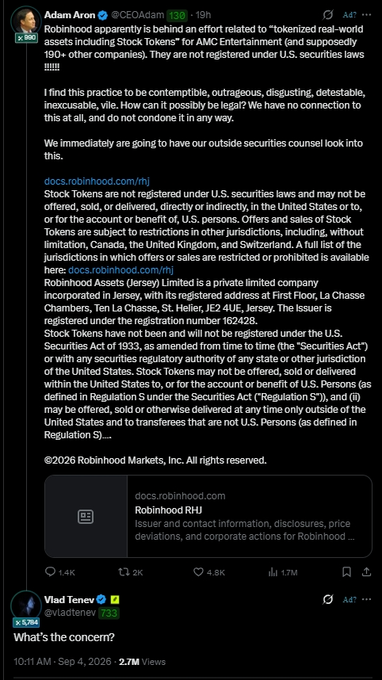 The image shows a post from Adam Aron (@CEOAdam) from Robinhood responding to concerns about tokenized AMC stock offerings, stating they are not registered under U.S. securities laws, followed by Vlad Tenev's (@vladtenev) brief reply asking "What's the concern?" — capturing the sharp back-and-forth exchange between AMC's CEO and Robinhood's leadership over the legality of tokenized stock offerings.