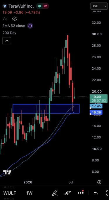A candlestick chart of TeraWulf Inc. (WULF) on a 1-week timeframe shows a sharp rally from ~$16 to a peak near $30, followed by a steep sell-off back to $19.09 (-4.79%), with a highlighted support zone between $16.36 and $17.45 near the 200-day EMA. The image illustrates the post's observation of a market rally that nearly round-tripped recent entries, turning a seemingly perfect low-buy into a near full retracement.