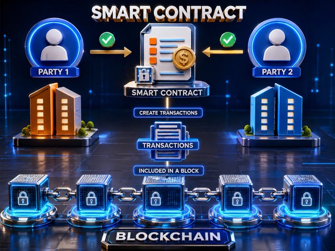 A futuristic 3D graphic illustrating smart contract functionality, featuring "PARTY 1" and "PARTY 2" icons connected to a central document labeled "SMART CONTRACT" with a padlock, alongside a flowchart showing "CREATE TRANSACTIONS" → "TRANSACTIONS" → "INCLUDED IN A BLOCK" leading to a glowing chain of locked cubes representing the "BLOCKCHAIN," visually representing the Pi Network's transition into Web3 with smart contract capabilities on its testnet.