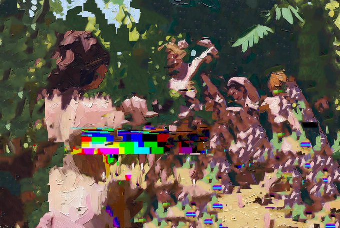 A glitchy, painterly digital artwork depicting figures in a green forest setting with distorted colors and visual artifacts.