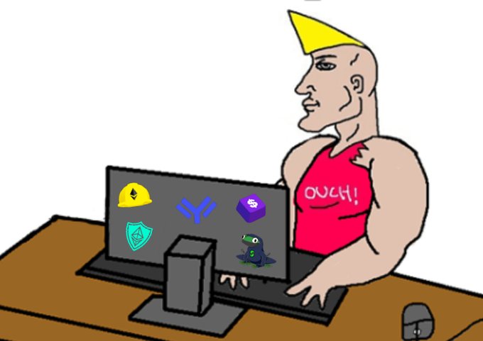 A cartoon illustration of a muscular character with a yellow mohawk and an "OUCH!" tank top sitting at a computer desk, with cryptocurrency logos displayed on the monitor.