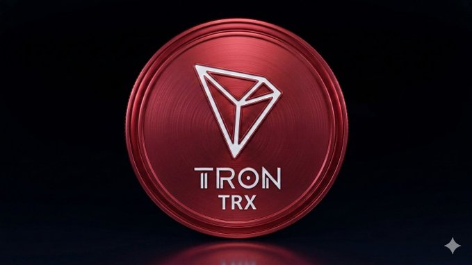 A shiny red 3D coin displays the TRON logo with the text 'TRON TRX' below it on a dark reflective surface.