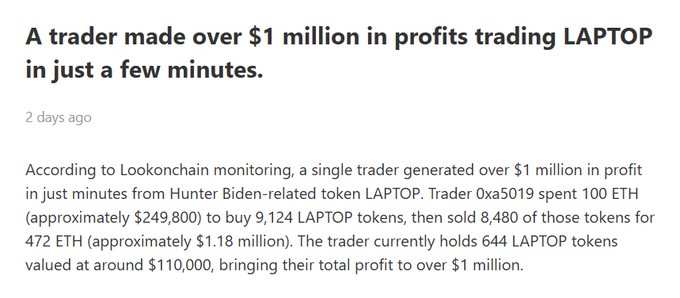 A news article titled 'A trader made over $1 million in profits trading LAPTOP in just a few minutes,' detailing a trader named 0xa5019 who profited from the Hunter Biden-related LAPTOP memecoin.