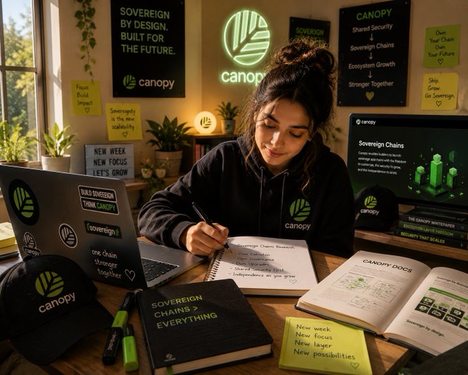 A woman wearing a 'canopy' branded hoodie writes in a notebook at a desk filled with 'Canopy' branded merchandise, sticky notes, and screens displaying 'Sovereign Chains' research in a workspace featuring 'SOVEREIGN BY DESIGN. BUILT FOR THE FUTURE.' and 'CANOPY' signage.