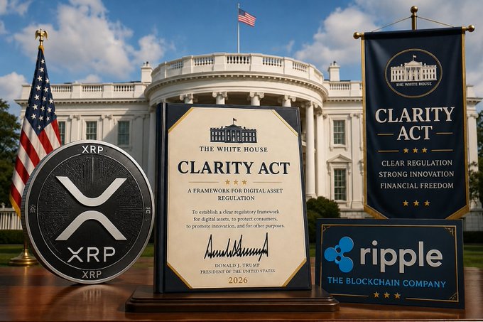 The image depicts the White House alongside symbols of the cryptocurrency industry, including a large XRP coin, a Ripple "The Blockchain Company" logo, and documents/banners titled "The White House CLARITY ACT - A Framework for Digital Asset Regulation" dated 2026, with one banner promoting "Clear Regulation, Strong Innovation, Financial Freedom."

This imagery relates to Senator Lummis's post by visually representing the political weight of the Clarity Act through official White House symbolism, while tying it directly to major crypto players like Ripple and XRP—though her cautionary message urges against being "over optimistic" about the bill's passage or impact, despite the visually triumphant presentation of regulatory progress.