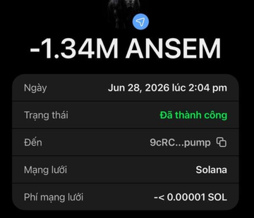 A successful Solana transaction confirmation showing a transfer of -1.34M ANSEM tokens sent to a pump address, dated Jun 28, 2026 at 2:04 pm.