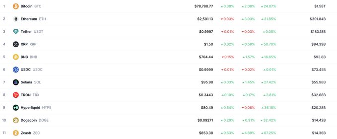 A cryptocurrency market rankings table showing top coins including Bitcoin BTC at $78,788.77, Ethereum ETH at $2,501.13, Tether USDT, XRP, BNB, USDC, Solana SOL, TRON TRX, Hyperliquid HYPE, Dogecoin DOGE, and Zcash ZEC with their respective prices and percentage changes.
