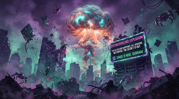 Cyberpunk-style apocalyptic illustration of a destroyed cityscape with a massive mushroom cloud explosion, featuring a glitchy hologram sign reading 'SYSTEM OVERLOAD: EXPLOSION! THE BUTTON HAS HAPPENED. ALL SERVERS DESTROYED. THE SECRET IS OUT. CHAOS IS HERE. SERR404'.
