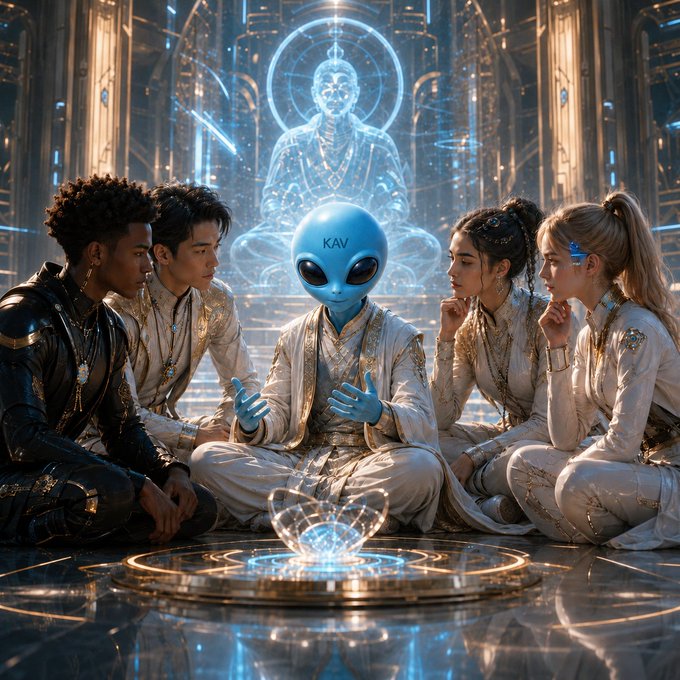 A futuristic scene depicting a blue alien labeled 'KAV' dressed in white and gold robes sitting in a meditative circle with four humans, while a glowing holographic figure appears in the background.