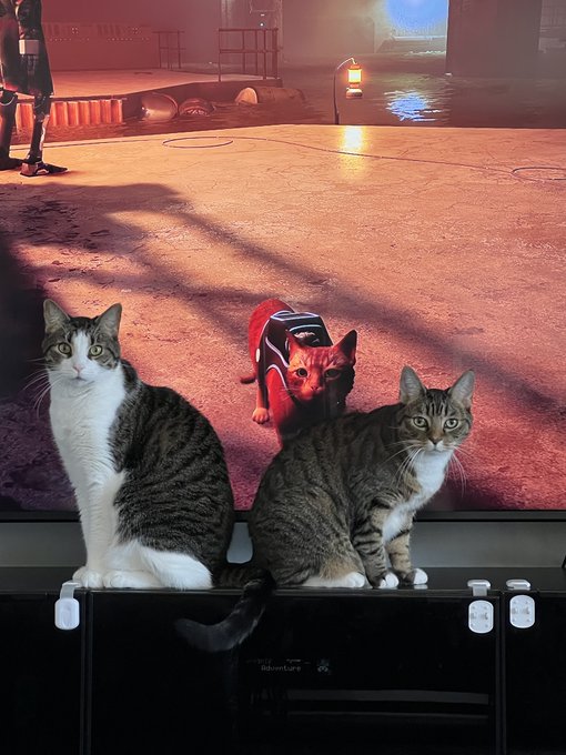 Two cats sit in front of a TV displaying a scene from the video game Stray, where an orange cat wearing a backpack is featured.