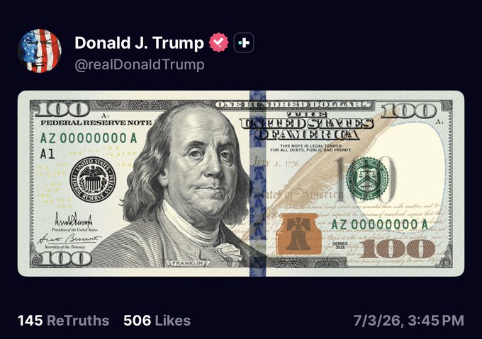 A screenshot of a Donald J. Trump (@realDonaldTrump) Truth Social post dated 7/3/26 showing an AI-generated $100 bill featuring Benjamin Franklin's face, paired with a caption referencing XRP reaching $100 as no longer a joke.

The $100 bill imagery visually reinforces the post's claim about XRP hitting the $100 price target, using the symbolic association of the $100 denomination to emphasize the bold price prediction.