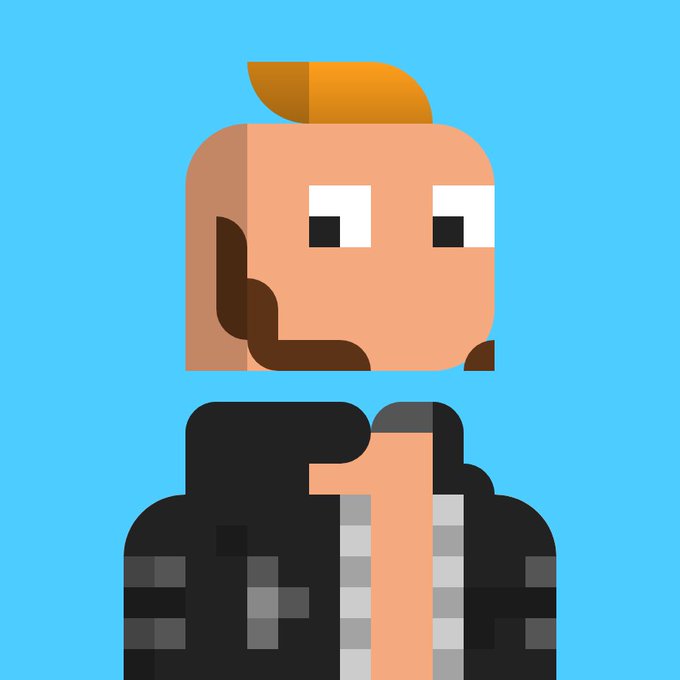 A pixel-art illustration of a bearded man with orange hair wearing a black and grey jacket against a blue background.