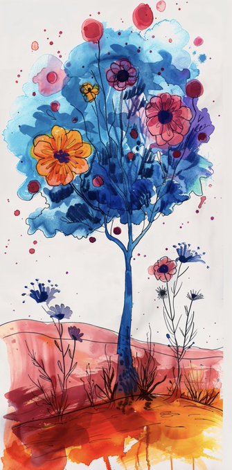 A colorful watercolor painting featuring a blue tree with vibrant pink, orange, and purple flowers set against a warm-toned ground.