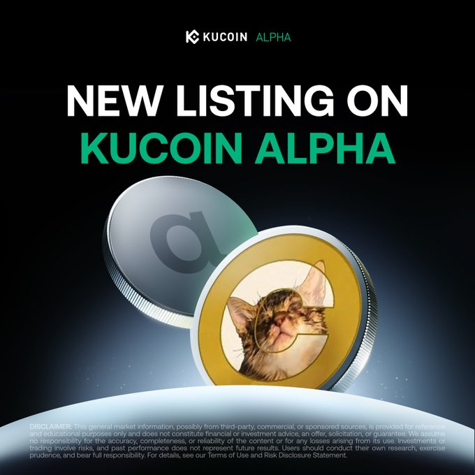 The image is a KuCoin Alpha promotional announcement featuring two stylized coins—one silver with the Greek letter α (alpha) and one gold displaying a cat's face (representing Catecoin)—set against a dark background with the bold text "NEW LISTING ON KUCOIN ALPHA" at the top. The visual directly supports the post announcing that $Catecoin (CATE/USDT) on the Solana network has been newly listed on KuCoin Alpha for trading, with branding elements matching the post's announcement theme.