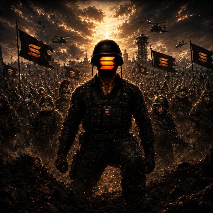 A faceless soldier with an orange visor stands at the forefront of a vast legion under a dramatic sky, flanked by others bearing $SOLdiers flags—embodying the post's message of unity, discipline, and collective strength rising from the trenches.