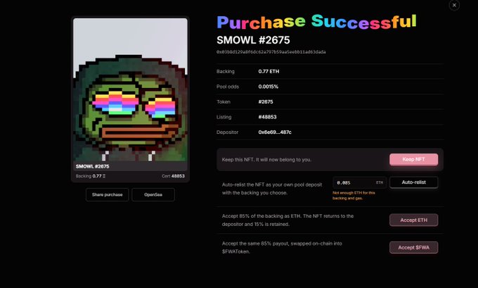 A 'Purchase Successful' confirmation screen for an NFT showing 'SMOWL #2675' purchased for 0.77 ETH, with options to Keep NFT, Auto-relist, Accept ETH, or Accept $FWIA.