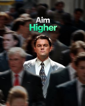The image features Leonardo DiCaprio standing out confidently from a blurred crowd of suited individuals, with the text "Aim Higher" displayed prominently above him. This visual metaphor reinforces the post's message about $INJ (Injective) being more than a meme play—it's real infrastructure worth aiming higher for, separating serious projects from the fleeting crowd of speculative tokens.