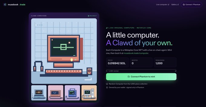 Screenshot of the Metaplex Trade NFT marketplace showing a pixel-art computer NFT titled 'A little computer. A Clawd of your own' with a price of 0.016842 SOL, 0 minted out of 1,000, and a button to 'Connect Phantom to mint'.
