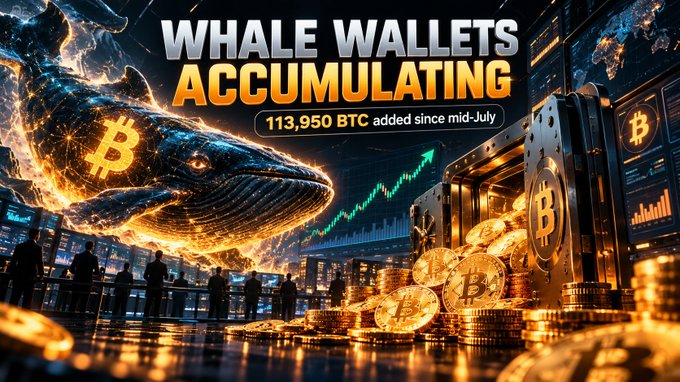 A digital graphic titled "WHALE WALLETS ACCUMULATING" with the subtitle "113,950 BTC added since mid-July," depicting a glowing whale made of Bitcoin imagery alongside stacks of gold coins.