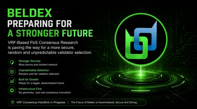 A promotional graphic for 'BELDEX' with the text 'PREPARING FOR A STRONGER FUTURE' and 'VRF-Based PoS Consensus Research is paving the way for a more secure, random and unpredictable validator selection.', featuring a green and blue logo.