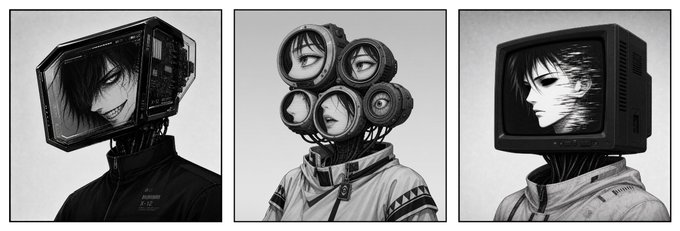 This image features three black-and-white illustrations of robotic figures with television screens or camera lenses for heads, embodying the "Screenz" project mentioned in the post. These artistic characters serve as the requested "coolest art ever" for creating a new PFP (profile picture) collection.