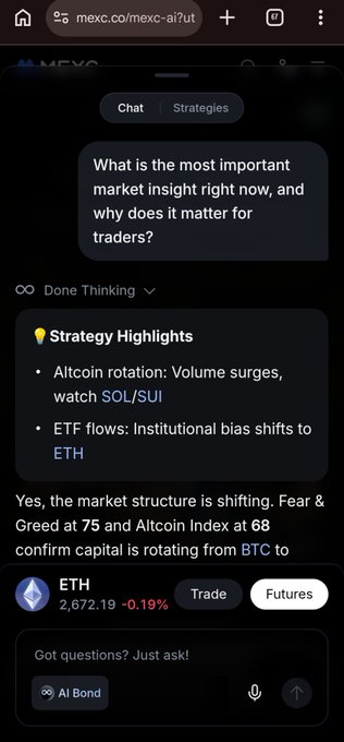 A mobile screenshot of an AI chat interface (mexc.com/mexc-ai) shows a response to a market insight question, highlighting strategy points about 'Altcoin rotation: SOL/SUI' and 'ETF flows: ETH', with ETH trading at 2,672.19.