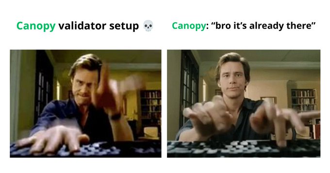 The image shows a side-by-side meme comparing two men at computers, with green text reading "Canopy validator setup" (with a shocked face emoji) on the left and "Canopy: 'bro it's already there'" on the right, illustrating how the Canopy network simplifies the validator setup process by including built-in wallet and explorer tools, eliminating the need for complex manual installations.