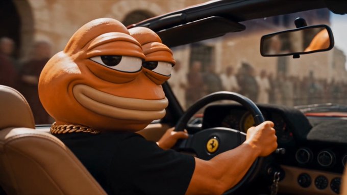 A scene from a movie featuring the CGI character Digit driving a convertible Ferrari, wearing a gold chain, with a crowd visible in the background.