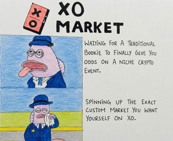 A hand-drawn comic advertisement for 'XO MARKET' showing a fish-like bookie character, contrasting waiting for a traditional bookie to offer odds versus spinning up a custom market on XO.