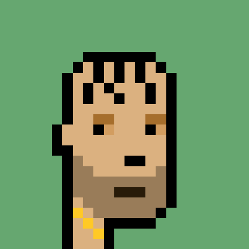 A minimalist pixel art portrait of a person with dark hair, brown eyes, and a gold chain, set against a solid green background.
