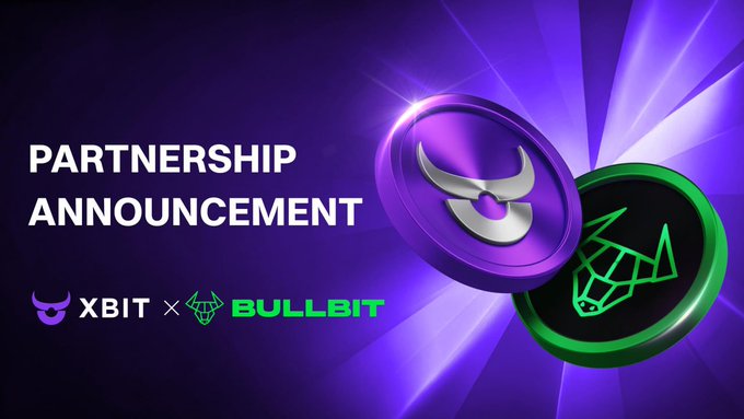 The image features a purple background with two coins, one green and one black, floating above it. The text "partnership announcement" is written at the top of the image, while "XBIT" and "Bullit" are displayed below the coins. The coins appear to be related to cryptocurrency or blockchain technology, as they are described in terms such as "cryptocurrency", "blockchain", and "digital currency".