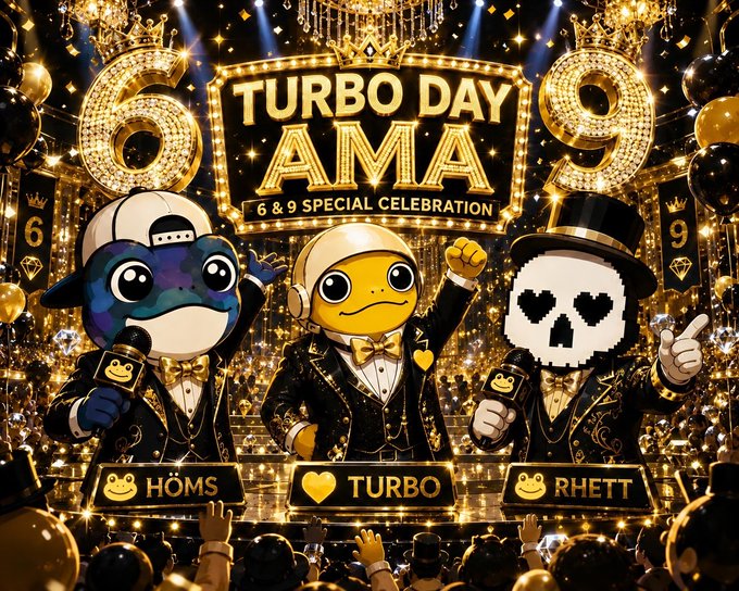 A flashy promotional graphic for 'TURBO DAY AMA 6 & 9 SPECIAL CELEBRATION' featuring three cartoon mascots named HOMS, TURBO, and RHETT dressed in tuxedos with crowns, set against a golden sparkly stage background.