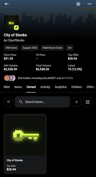 A Robinhood Chain NFT marketplace screenshot showing a collection called 'City of Stonks' by CityOfStonks with 598 items, a floor price of $1.35, and a top offer of $26.94, featuring a pixelated green key icon.