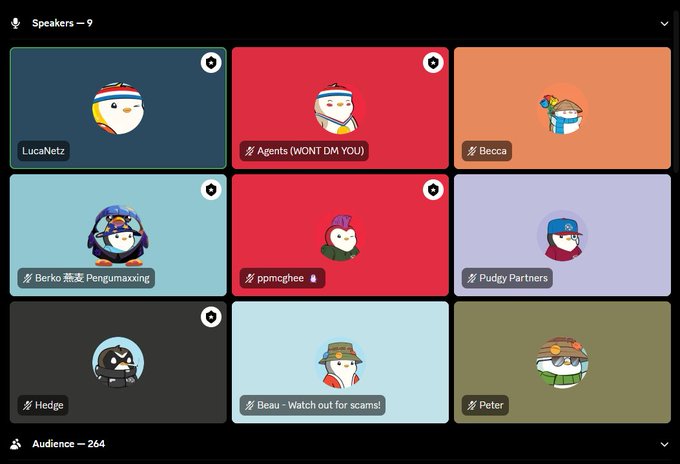A Twitter Spaces audio chat interface shows 9 speakers including LucaNetz, Agents (WONT DM YOU), Becca, Berko, ppmcghee, Pudgy Partners, Hedge, Beau, and Peter, with 264 audience members listening. The discussion features Pudgy Partners as a speaker, aligning with the post praising the Pudgy Penguins team's consistent year-over-year execution improvements.