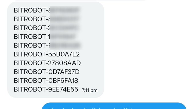 A screenshot of a messaging app shows a list of "BITROBOT" FCFS codes, including the five visible ones (BITROBOT-55B0A7E2, BITROBOT-27808AAD, BITROBOT-0D7AF37D, BITROBOT-0BF6FA18, BITROBOT-9EE74E55) shared as part of an airdrop alliance between BitRobotNetwork and axisrobotics. The message was sent at 7:11 pm, with additional codes shared on the creator's Telegram channel.