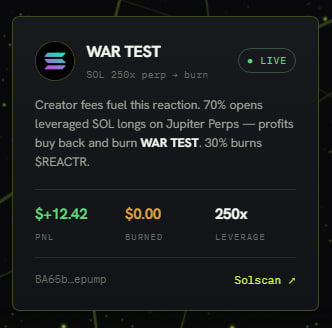Solscan WAR TEST token page showing SOL 250x perp with $12.42 P&L, 0 burned, and live status, explaining creator fees fuel 70% SOL longs on Jupiter Perps.