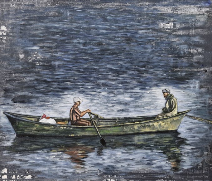 A painterly artwork depicts two figures in a small green rowboat on rippling blue water, with one person rowing in the center wearing a white cap and another seated at the stern in a hooded jacket.