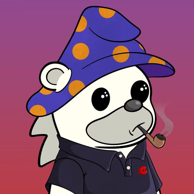A cartoon illustration of a cute white creature wearing a purple wizard hat with orange polka dots and a black shirt, smoking a pipe, set against a purple-to-pink gradient background.