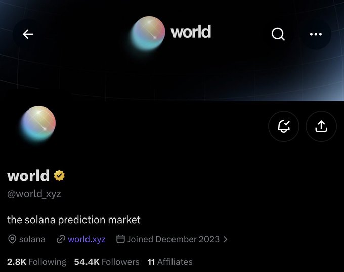 A screenshot of the @world_xyz profile on what appears to be X (formerly Twitter), showing 54.4K Followers and 2.8K Following, with the bio "the solana prediction market." The image relates to the post by showing the large follower count, highlighting the user's hope to be followed by this prominent account.