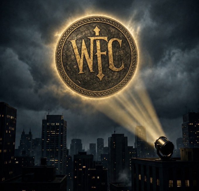 A dramatic digital artwork depicting a spotlight shining from a rooftop into stormy clouds, revealing a glowing golden seal with the letters "WFC" in the sky above a dark city skyline.