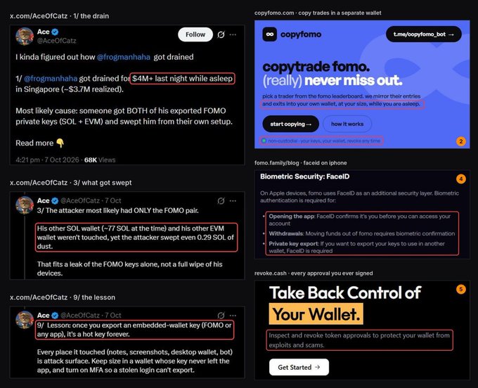 A collage of screenshots and advertisements related to cryptocurrency security, featuring an X post by Ace (@AceOfCatz) about a wallet drain, alongside promotional images for 'copyfoma', 'Biometric Security: FaceID' for fomo.family, and revoke.cash.