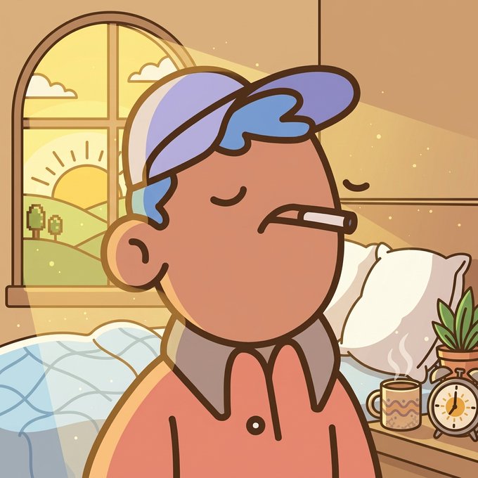 A digital illustration of a person with a blue cap smoking a cigarette in a bedroom at sunrise, with a steaming mug and alarm clock on the nightstand.
