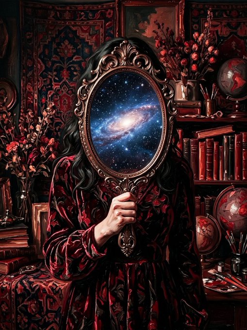 A dark, surreal illustration depicts a figure in a red dress holding an ornate hand mirror that reflects a galaxy or nebula, set against a background of books, globes, and tapestries.
