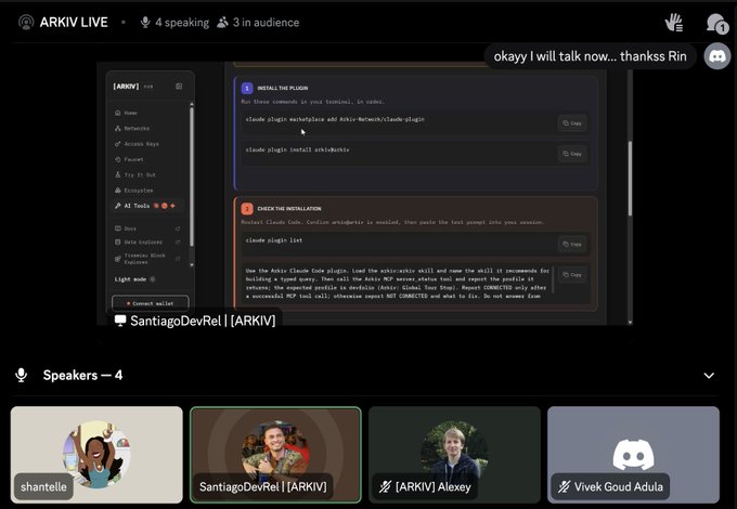 A Discord live stream screen showing 4 speakers and 3 in audience, displaying CLI instructions for installing the Arkiv plugin.