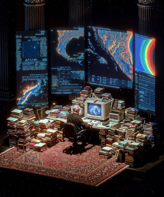 A person sits at a computer desk surrounded by massive stacks of books, with several large monitors displaying colorful scientific data and code.