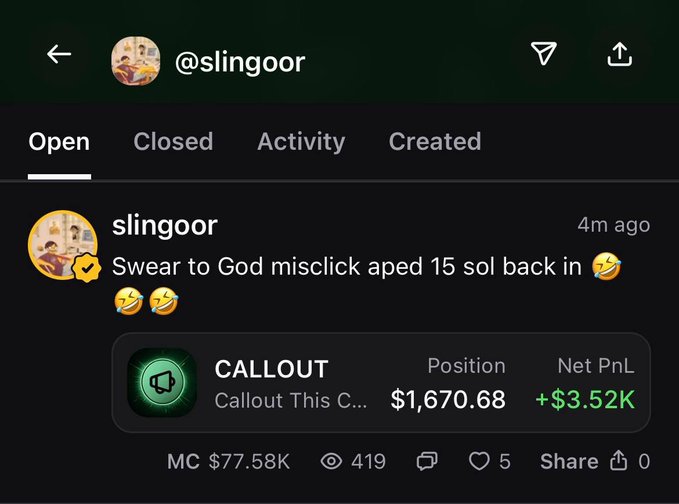 A screenshot shows a social media post by user @slingoor claiming "Swear to God misclick aped 15 sol back in," alongside a callout position of $1,670.68 with a +$3.52K net PnL, illustrating skepticism toward the trader's "misclick" excuse given the profitable outcome.