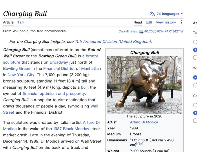 The image shows a Wikipedia article about the "Charging Bull" sculpture by Arturo Di Modica, with details including its 7,100-pound weight, 11 ft x 16 ft dimensions, and 1989 placement on Broadway in Manhattan's Financial District. The post references "Bi Niu Coin" (Bi Niu meaning "charging bull" in Chinese), humorously connecting the iconic bull statue to a crypto meme coin promotion via a Binance Wallet listing and Tencent Meeting link.