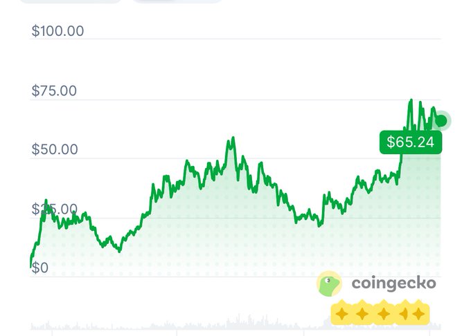 A CoinGecko price chart shows Hyperliquid (HYPE) trading at $65.24, near its all-time high with significant upward momentum from earlier lows around $25. The chart visually supports the post's claim about Hyperliquid reaching record highs despite broader market conditions.