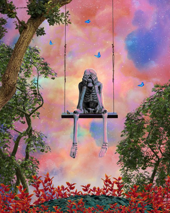 A surreal digital artwork shows a skeletal figure sitting on a swing in a fantastical landscape, surrounded by trees, blue butterflies, and a pink and purple starry sky.