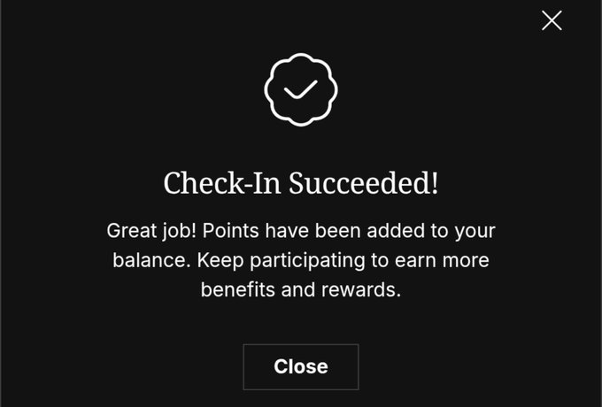 A dark pop-up confirmation message reading 'Check-In Succeeded!' with a verification badge icon and instructions about points being added to the user's balance.